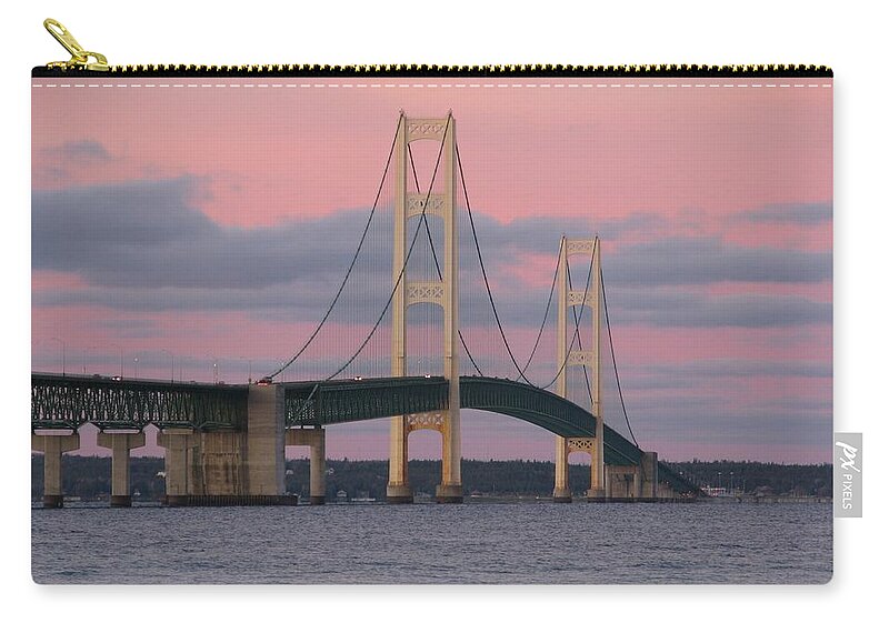Mackinac Bridge Zip Pouch featuring the photograph Under a Rose Colored Sky by Keith Stokes