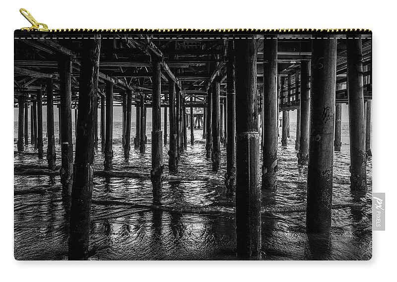 Under The Pier Zip Pouch featuring the photograph Under The Pier - Black And White by Gene Parks