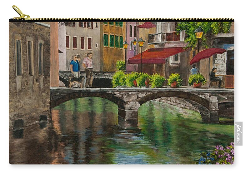 Annecy France Art Zip Pouch featuring the painting Under the Umbrella in Annecy by Charlotte Blanchard