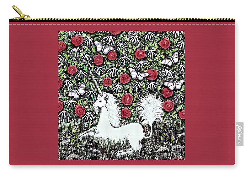 Lise Winne Zip Pouch featuring the digital art Unicorn with Red Roses and Butterflies by Lise Winne