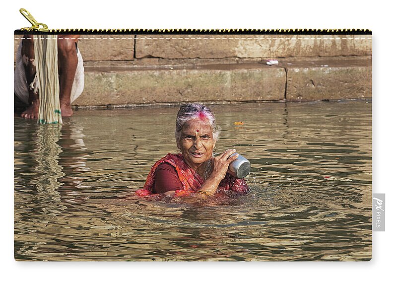 Unidentified Hindu woman pilgrim take bath in the Holy river Gan Zip Pouch  by Tjeerd Kruse - Fine Art America