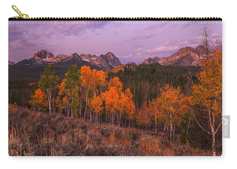 Sawtooth Mountain Zip Pouch featuring the photograph Unique image of Sawtooth mountains with autumn trees in the foreground by Vishwanath Bhat