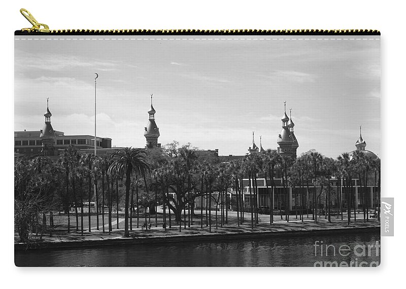 University Of Tampa Zip Pouch featuring the photograph University of Tampa with River - Black and White by Carol Groenen