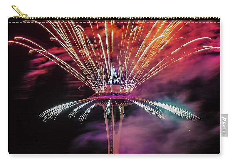 Space Needle Zip Pouch featuring the photograph Up close with the Space Needle Fireworks by Matt McDonald