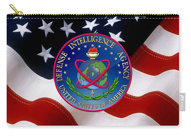 'military Insignia & Heraldry 3d' Collection By Serge Averbukh Zip Pouch featuring the digital art U. S. Defense Intelligence Agency - D I A Emblem over Flag by Serge Averbukh