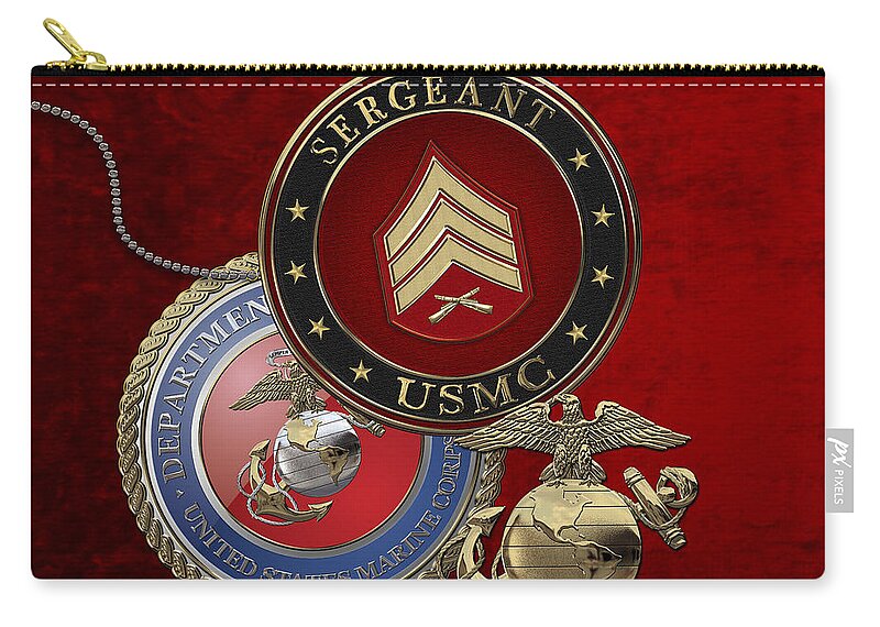 Military Insignia 3d By Serge Averbukh Carry-all Pouch featuring the digital art U. S. Marines Sergeant - U S M C Sgt Rank Insignia over Red Velvet by Serge Averbukh