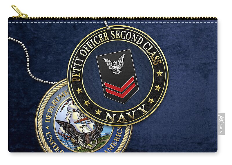 Military Insignia 3d By Serge Averbukh Zip Pouch featuring the digital art U.S. Navy Petty Officer Second Class - PO2 Rank Insignia over Blue Velvet by Serge Averbukh