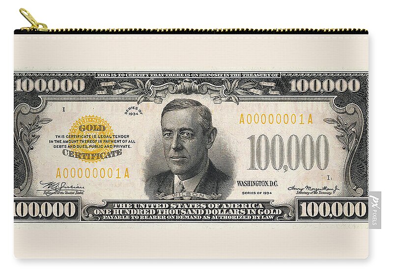 'paper Currency' Collection By Serge Averbukh Carry-all Pouch featuring the digital art U.S. One Hundred Thousand Dollar Bill - 1934 $100000 USD Treasury Note by Serge Averbukh