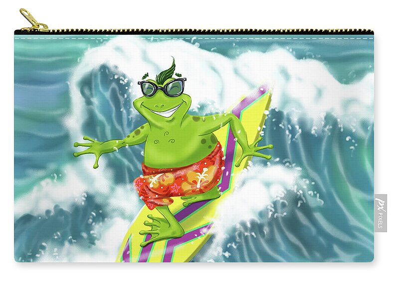 Frogs Zip Pouch featuring the mixed media Vacation Surfing Frog by Shari Warren