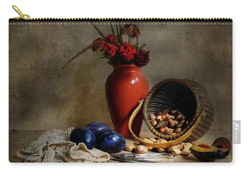 Classic Still Life Zip Pouch featuring the photograph Vase with basket of walnuts by Diana Angstadt