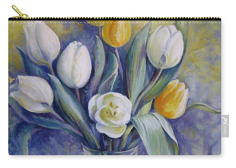 Tulips Zip Pouch featuring the painting Vase with flowers by Elena Oleniuc