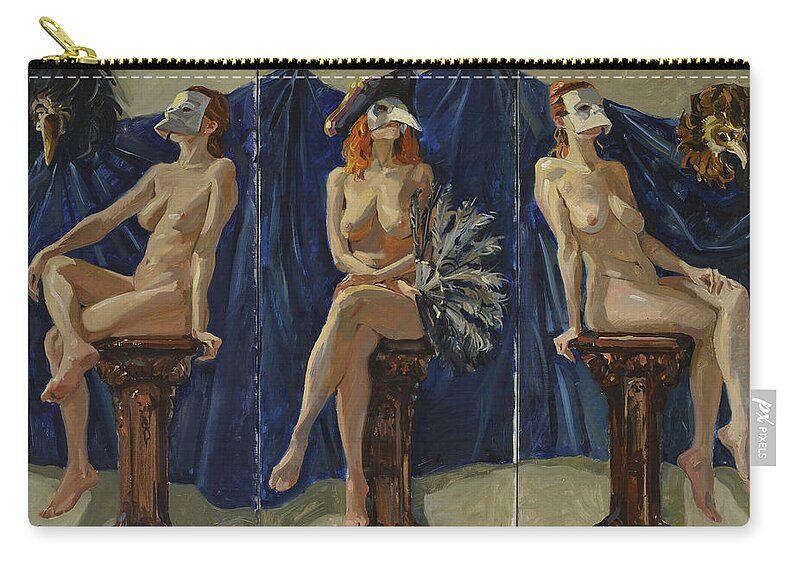 Painting Zip Pouch featuring the painting Venetian Women with Blue Background. Triptych by Igor Sakurov