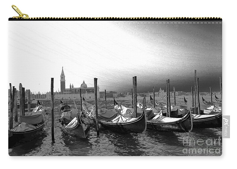 Gondolas Zip Pouch featuring the photograph Venice gondolas black and white by Rebecca Margraf