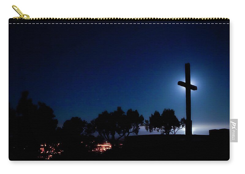 Moonset Zip Pouch featuring the photograph Ventura CA Cross at Moonset by John A Rodriguez