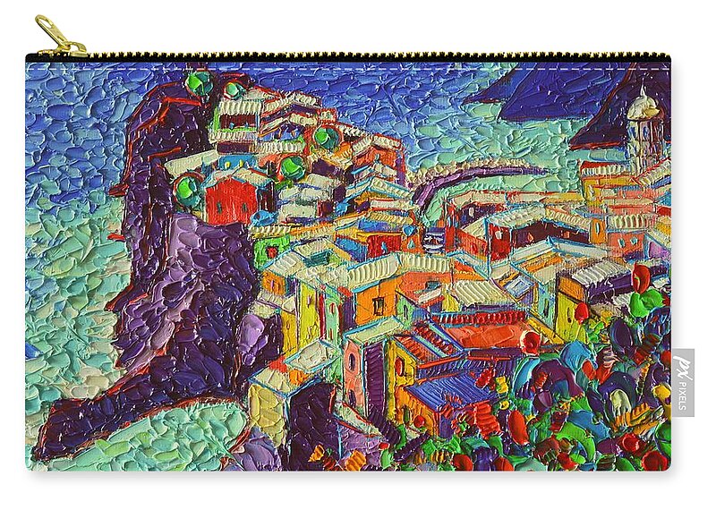Vernazza Carry-all Pouch featuring the painting Vernazza Cinque Terre Italy 2 Modern Impressionist Palette Knife Oil Painting By Ana Maria Edulescu by Ana Maria Edulescu