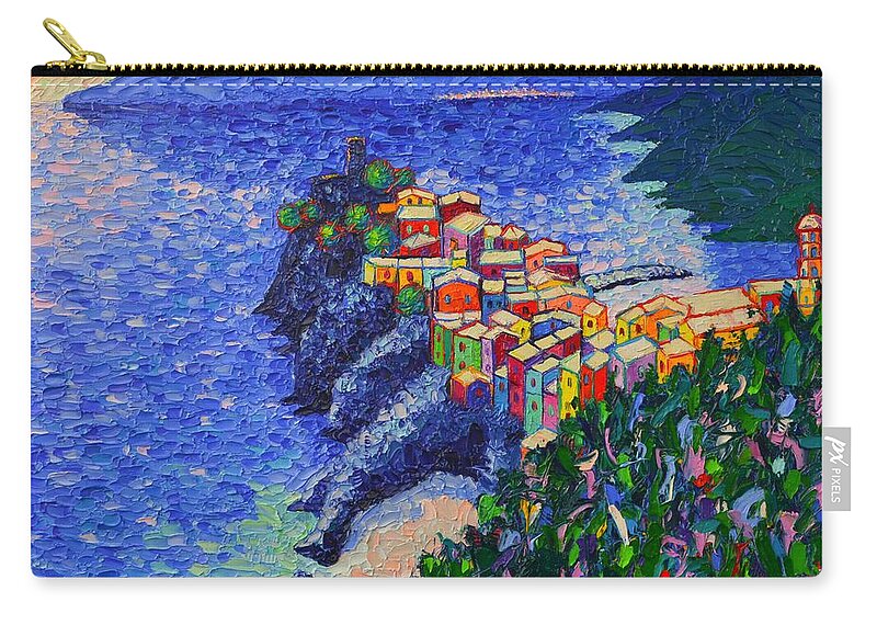 Vernazza Zip Pouch featuring the painting Vernazza Light Cinque Terre Italy Modern Impressionist Palette Knife Oil Painting Ana Maria Edulescu by Ana Maria Edulescu
