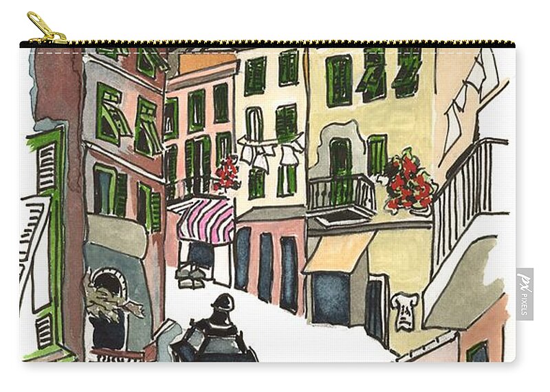 Italian Streetscape Zip Pouch featuring the painting Via Colombo Riomaggiore Cinque Terre by Joan Cordell