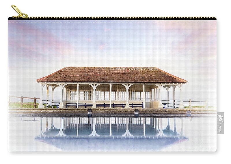 Sheringham Carry-all Pouch featuring the photograph Norfolk victorian seaside shelter with pink sunset sky by Simon Bratt