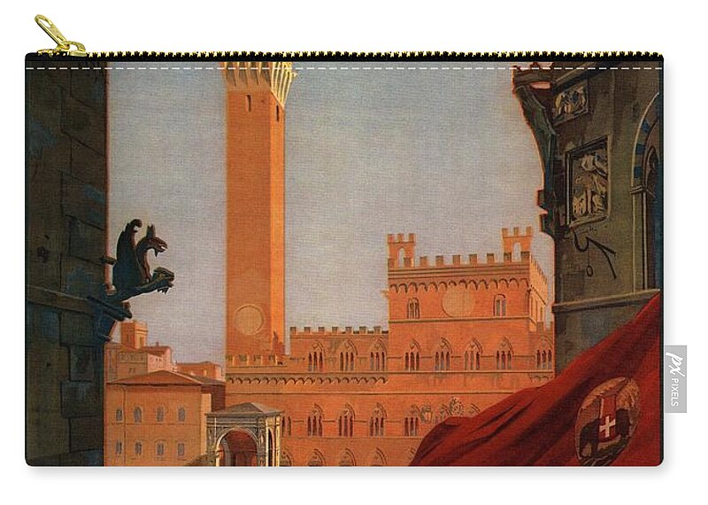 Palazzo Publico Zip Pouch featuring the painting View of the Palazzo Publico in Siena, Tuscany - Italia - Vintage Illustrated Poster by Studio Grafiikka