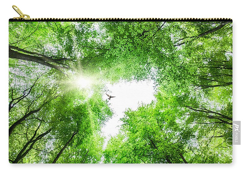 Tree Carry-all Pouch featuring the photograph View through tree canopy with bird soaring by Simon Bratt