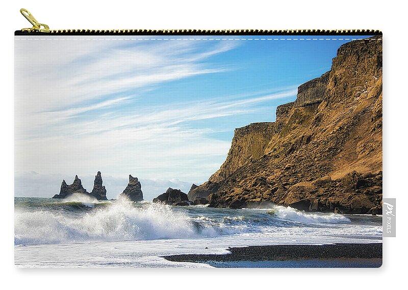 Iceland Zip Pouch featuring the photograph Vik Reynisdrangar beach and ocean Iceland by Matthias Hauser