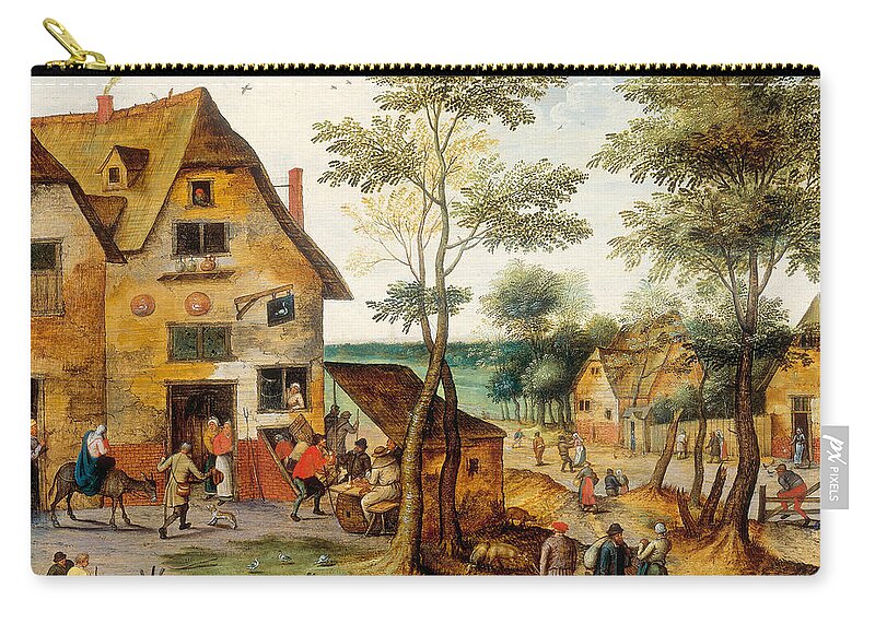 Pieter Brueghel The Younger Zip Pouch featuring the painting Village landscape with the Virgin Mary and St. Joseph by Pieter Brueghel the Younger