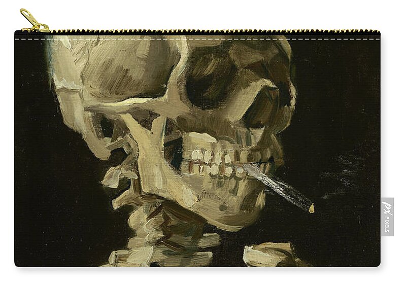 Vincent Van Gogh Zip Pouch featuring the painting Vincent van Gogh Head of a skeleton with a burning cigarette by Vintage Collectables