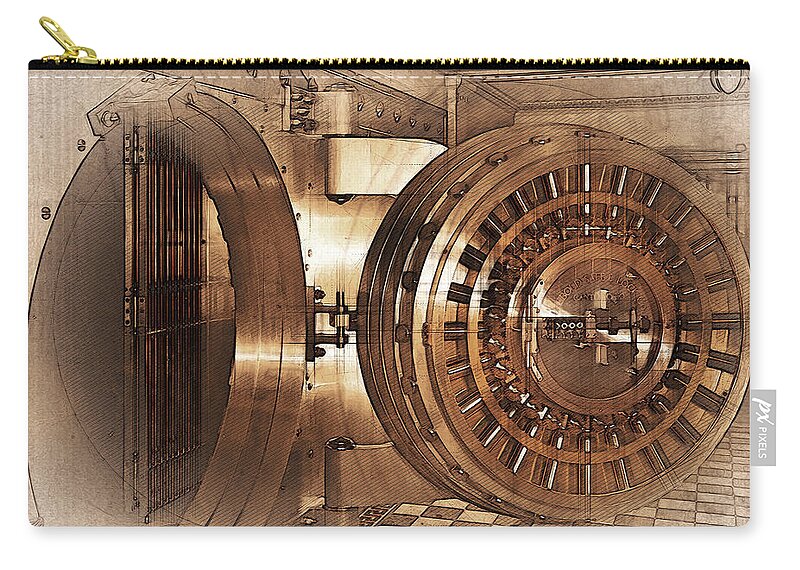‘bank Vaults & Locks’ Collection By Serge Averbukh Zip Pouch featuring the digital art Vintage Bank Vault Door and Lock No. 1 by Serge Averbukh