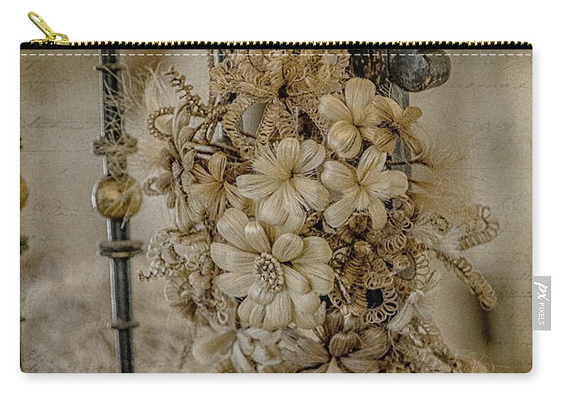 Antique Zip Pouch featuring the photograph Vintage Floral Swag on a Bedpost by Teresa Wilson