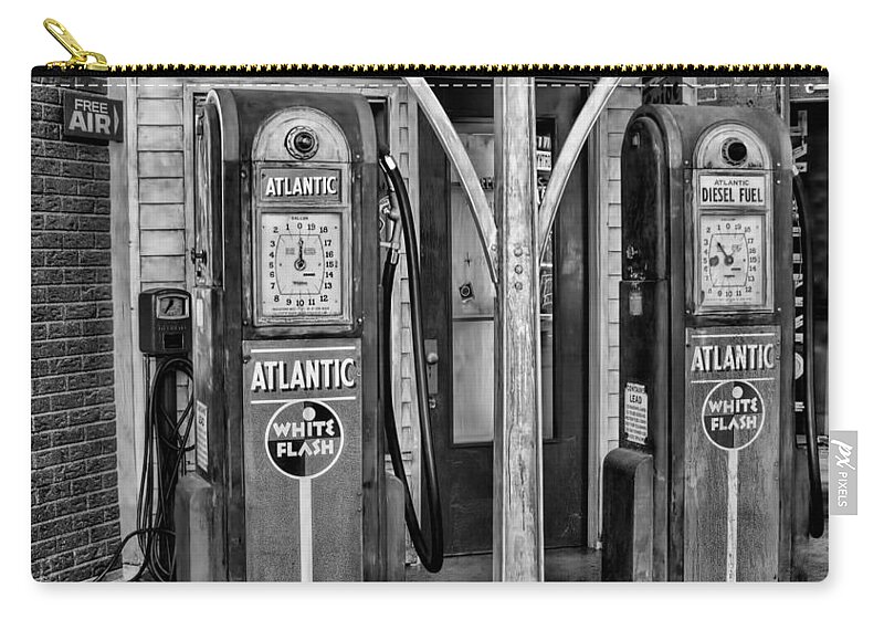 Vintage Gas Station Bw Zip Pouch featuring the photograph Vintage Gas Station BW by Phyllis Taylor