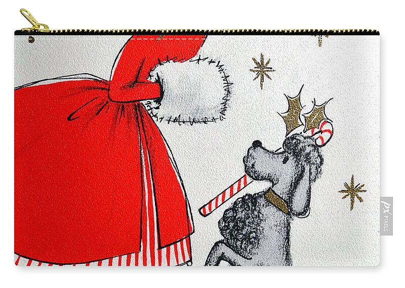 Vintage Holiday Postcard Zip Pouch featuring the painting Vintage holiday postcard, woman with her dog by Long Shot