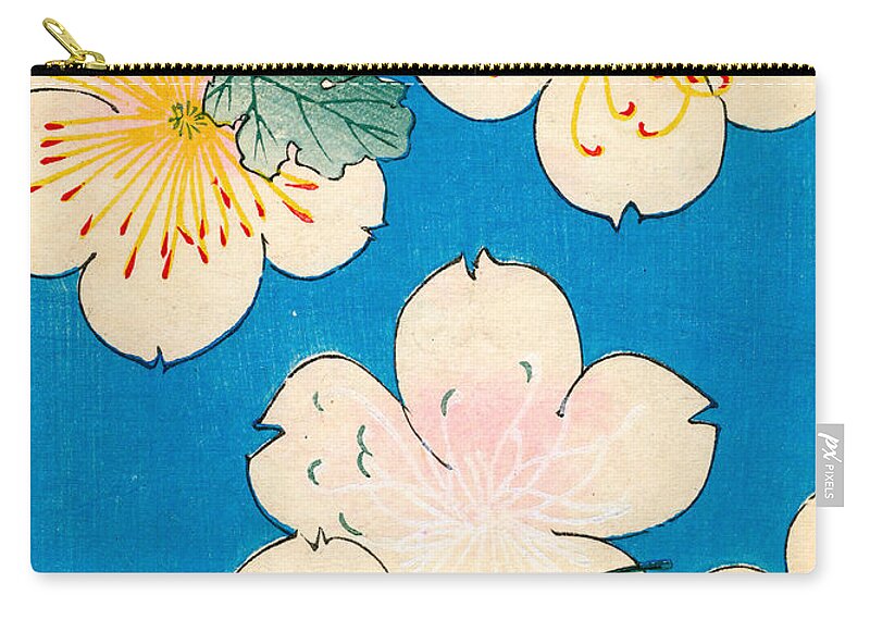 Flower Flowers Floral Petal Petals Blue Background Backdrop Lily Lilies Water Pond Leaf Leaves Green Blue And Cream Dogwood Blossom Blossoms Blossoming Japanese Japan Art Fine Art Asia Asian Woodblock Pattern Patterns Design Textile Designs Textiles Motif Arrangement Motif Style Decor Decorative Motifs Chintz Cushions Cushion Pillow Pillows Duvet Cover Covers Tote Totes Bag Iphone Case Phone Case Far East Eastern East Oriental Vintage Carry-all Pouch featuring the painting Vintage Japanese illustration of dogwood blossoms by Japanese School