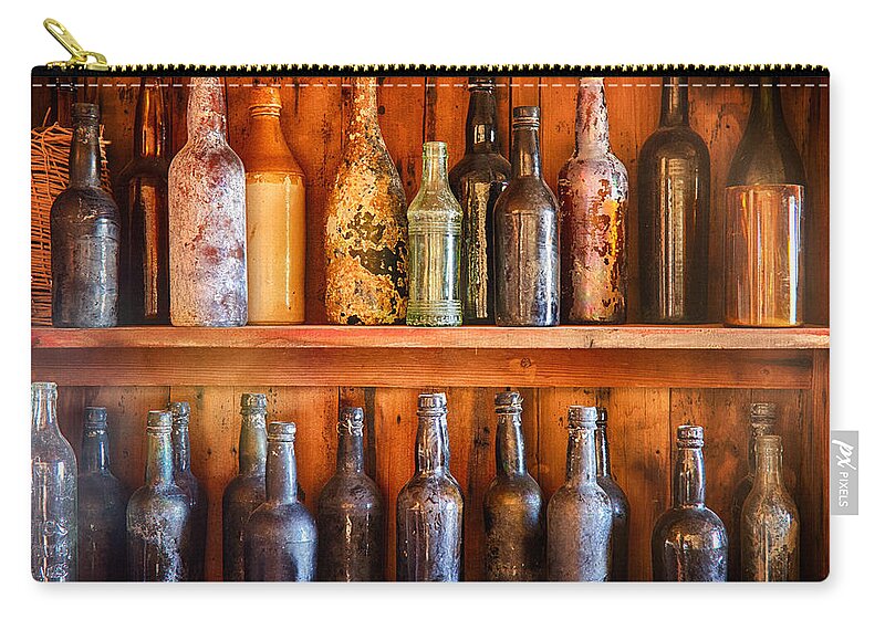 Vintage Liquor Bottles Zip Pouch featuring the photograph Vintage Liquor Bottles on a Shelf by Saija Lehtonen