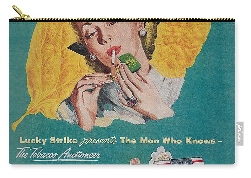 James Smullins Zip Pouch featuring the mixed media Vintage Lucky Strike ad by James Smullins