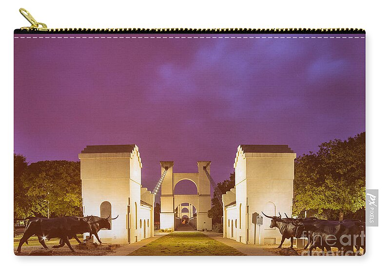 Downtown Zip Pouch featuring the photograph Vintage Photograph of the Waco Suspension Bridge and Chisholm Trail at Dawn - Downtown Waco - Texas by Silvio Ligutti