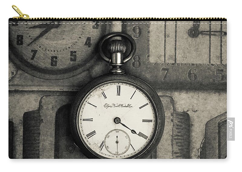 Still Life Zip Pouch featuring the photograph Vintage Pocket Watch over Old Clocks by Edward Fielding