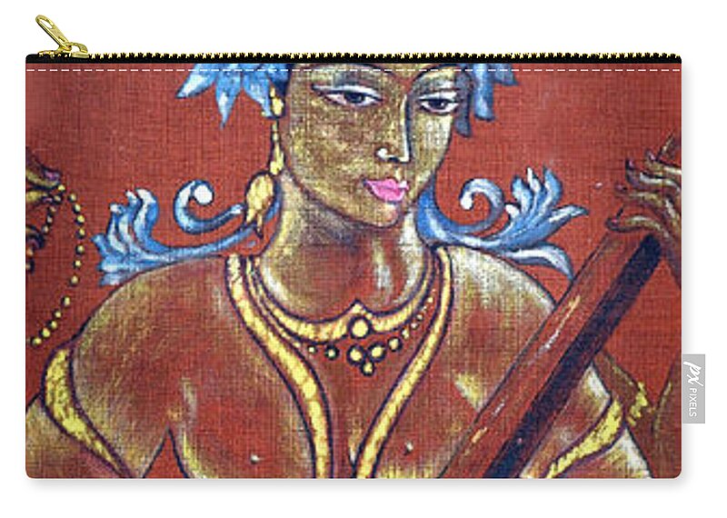 Saraswati Zip Pouch featuring the painting Vintage SARASWATI - Goddess of Wisdom by Harsh Malik