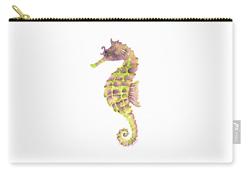 Seahorse Painting Zip Pouch featuring the painting Violet Green Seahorse - Square by Amy Kirkpatrick