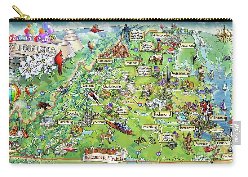 Mount Vernon Carry-all Pouch featuring the painting Virginia Illustrated Map by Maria Rabinky