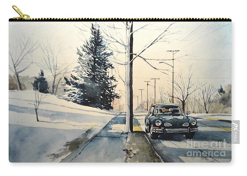 Volkswagen Carry-all Pouch featuring the painting Volkswagen Karmann Ghia on snowy road by Christopher Shellhammer