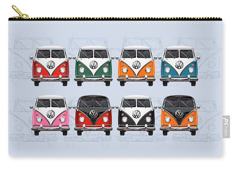 'volkswagen’ Collection By Serge Averbukh Zip Pouch featuring the digital art Volkswagen Type 2 - Variety of Volkswagen T1 Samba Buses on Vintage Background by Serge Averbukh