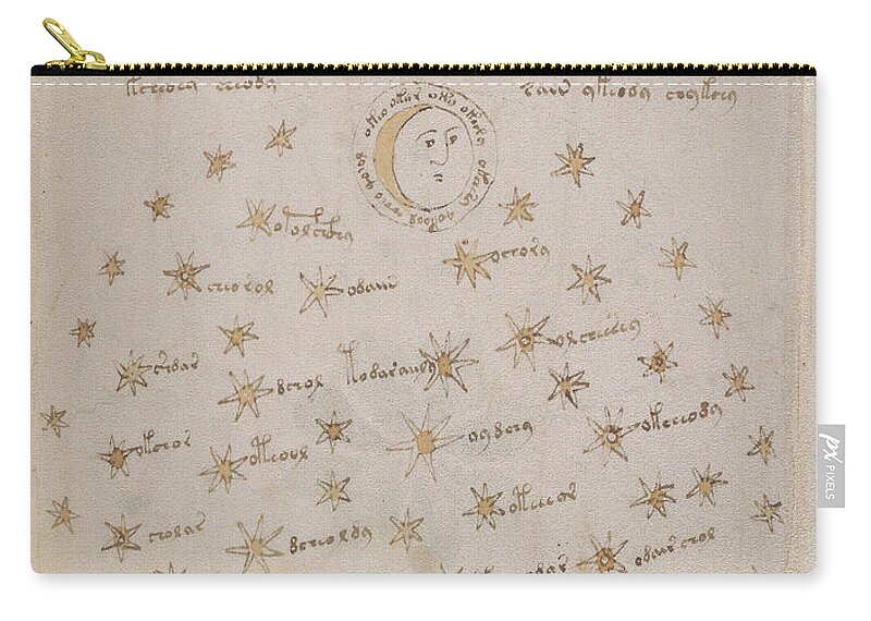 Astronomy Zip Pouch featuring the drawing Voynich Manuscript Astro Sun and Moon 1 by Rick Bures