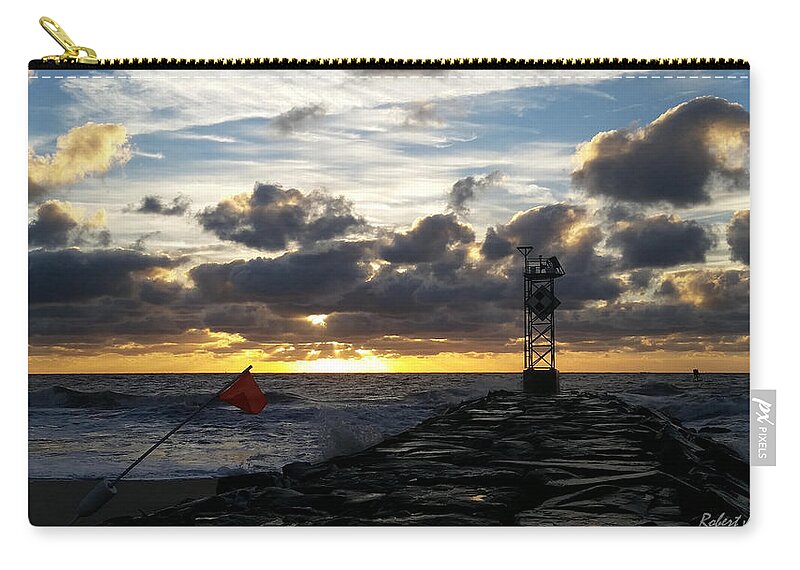 Warning Zip Pouch featuring the photograph Warning Flag at Sunrise by Robert Banach