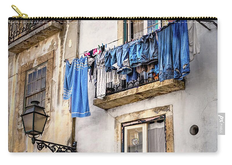 Lisbon Zip Pouch featuring the photograph Washday Blues in Lisbon Portugal by Carol Japp