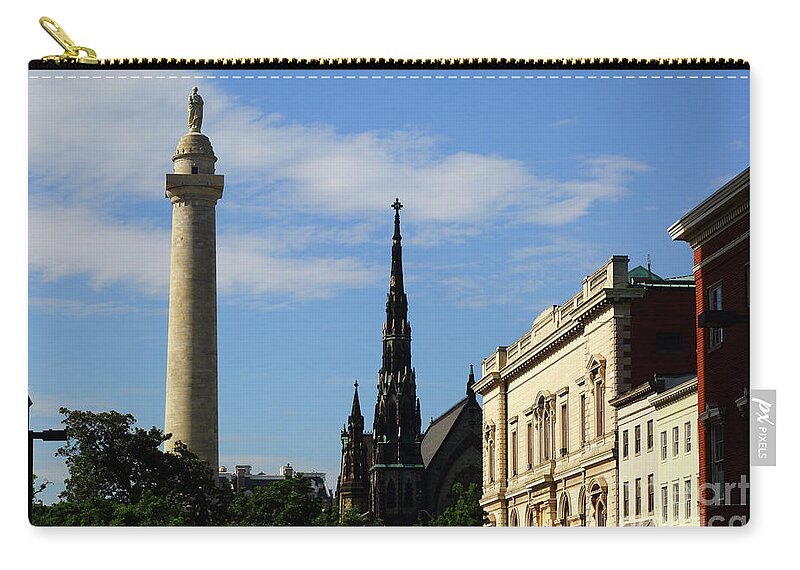 Baltimore Zip Pouch featuring the photograph Washington Monument and United Methodist Church spire Baltimore by James Brunker