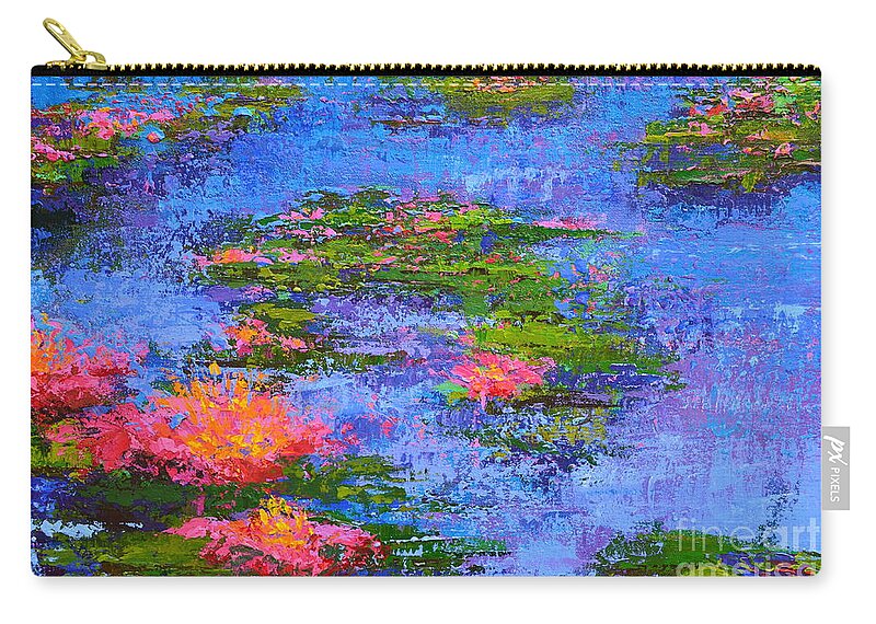 Water Lilies Acrylic Painting Inspired By Claude Monet Water Lilies Zip Pouch featuring the painting Waterlilies Lily Pads - Modern Impressionist Landscape Palette Knife work by Patricia Awapara