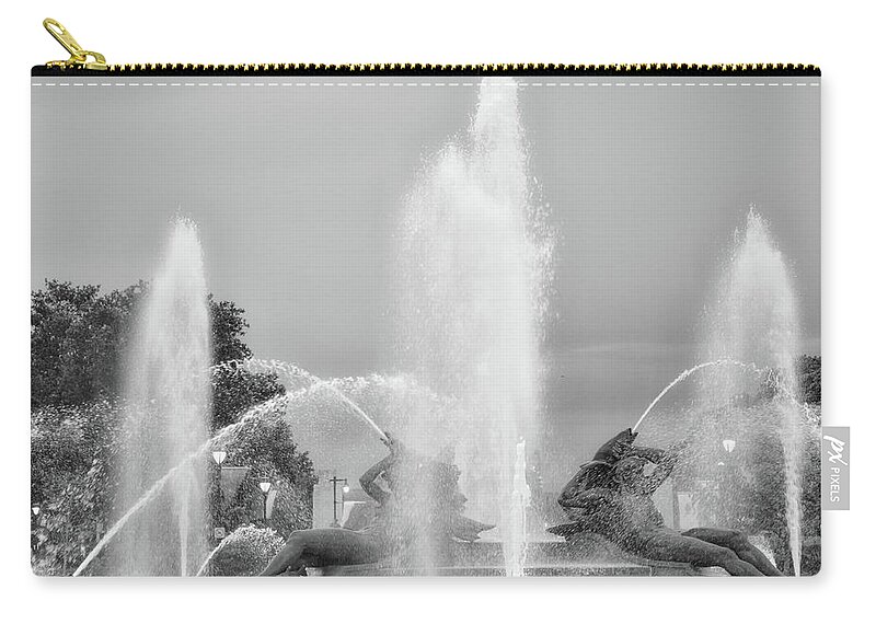 Black Zip Pouch featuring the photograph Water Spray - Swann Fountain - Philadelphia in Black and White by Bill Cannon