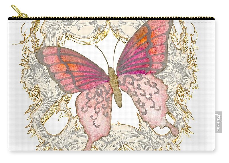 Vintage Zip Pouch featuring the painting Watercolor Butterfly with Vintage Swirl Scroll Flourishes by Audrey Jeanne Roberts