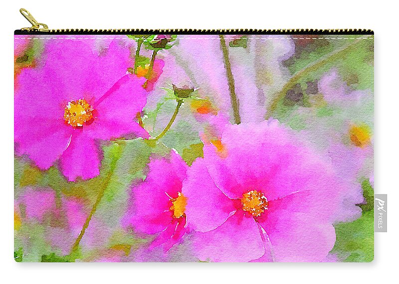Watercolor Floral Zip Pouch featuring the painting Watercolor Pink Cosmos by Bonnie Bruno