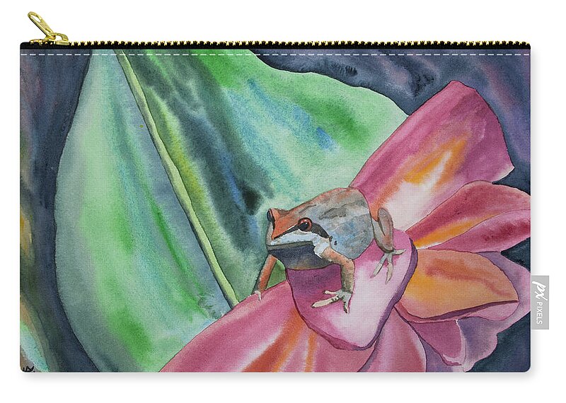 Tree Frog Zip Pouch featuring the painting Watercolor - Small Tree Frog on a Colorful Flower by Cascade Colors